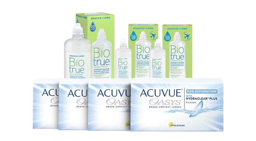 4 Kutu Acuvue Oasys Toric (Astigmatlı lens) + 1 Adet Bio True 300ml Solüsyon + 2 Adet Bio True 100ml Solüsyon